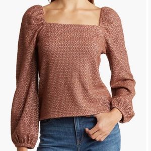 NWT Madewell Jacquard Brown Puff Long Sleeve Top